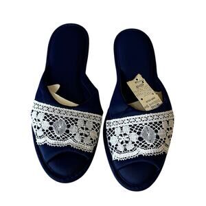 Vintage Slippers Lorraine Women's Medium 6.5-7.5 Navy Blue Nylon Crochet NEW